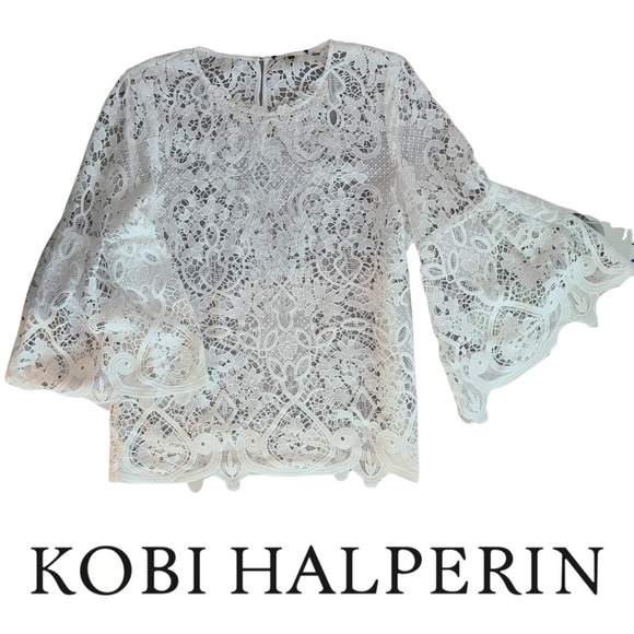 Kobi Halperin Tops - KOBI HALPERIN White Embroidered Guipure Lace Blouse Lantern Sleeve EUC M